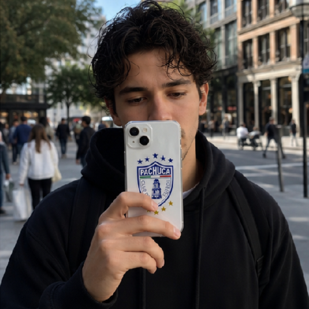Person holding a phone with a Pachuca logo in an urban setting