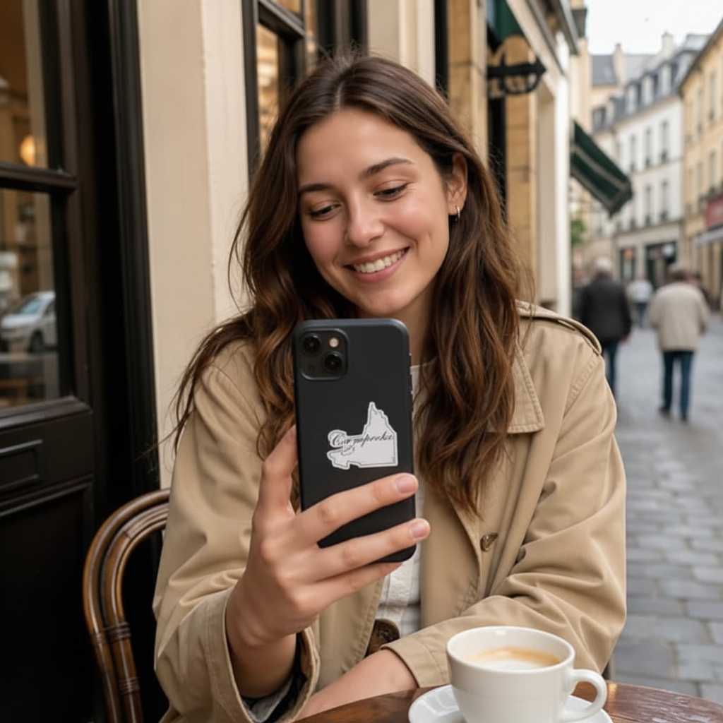Woman using a phone with a Campeche sticker on a black case in an urban setting
