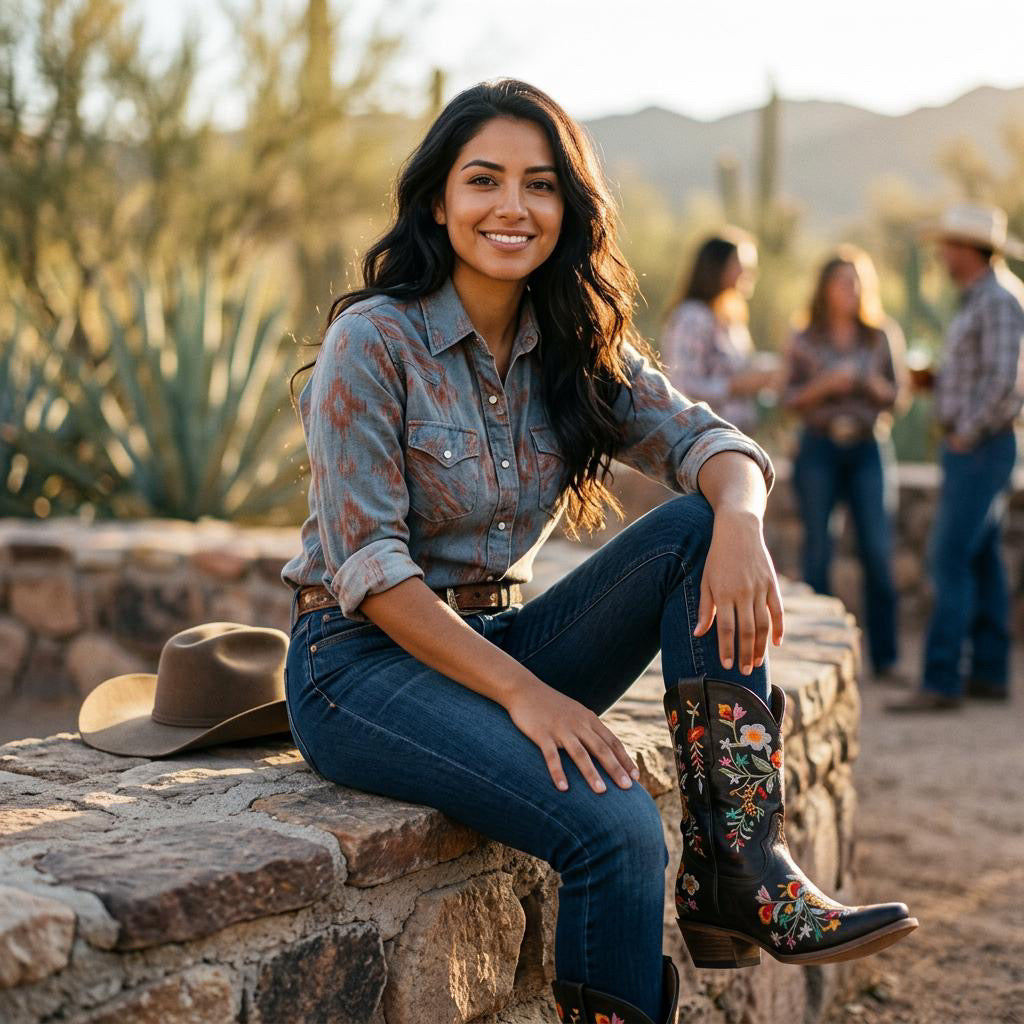 Handmade Western Flower Embroidered Cowgirl Ankle Boots