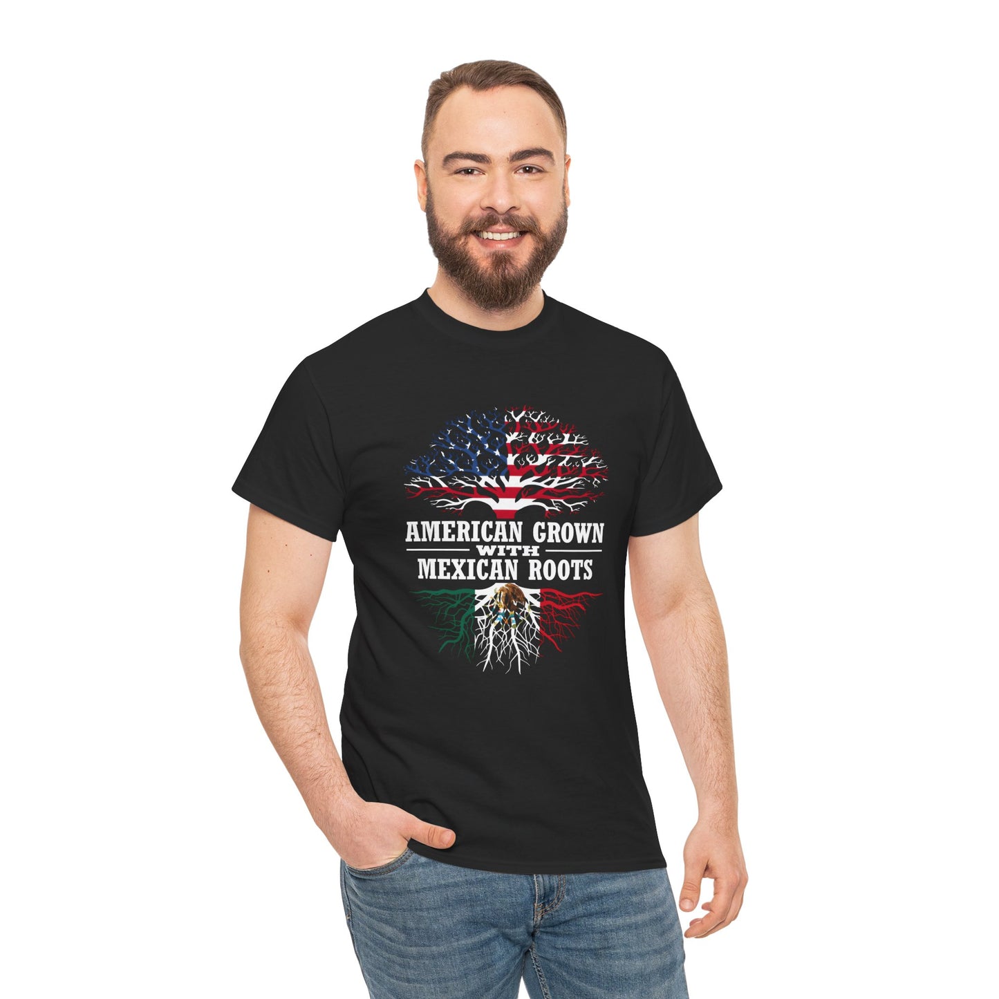 American Grown Mexican Roots Tee – Unisex Cotton Shirt, Tree of Life Design, Eco-Friendly, Nature Lover Gift, Fast Shipping, Size S, Black