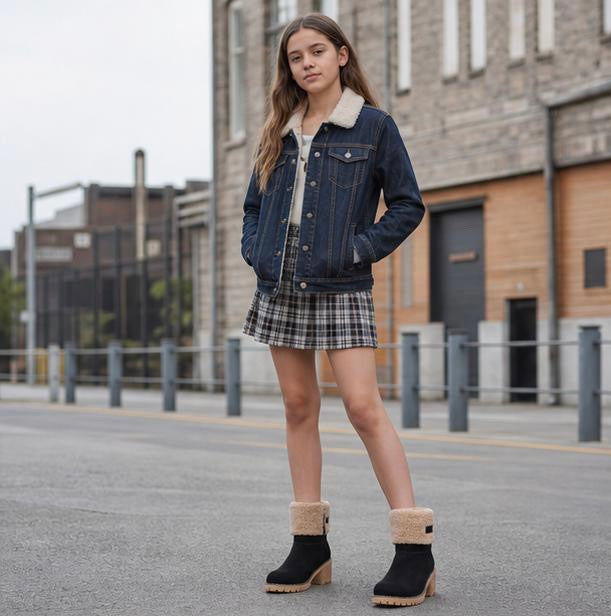 Young girl wearing a denim jacket, plaid skirt, and black boots standing on a street.