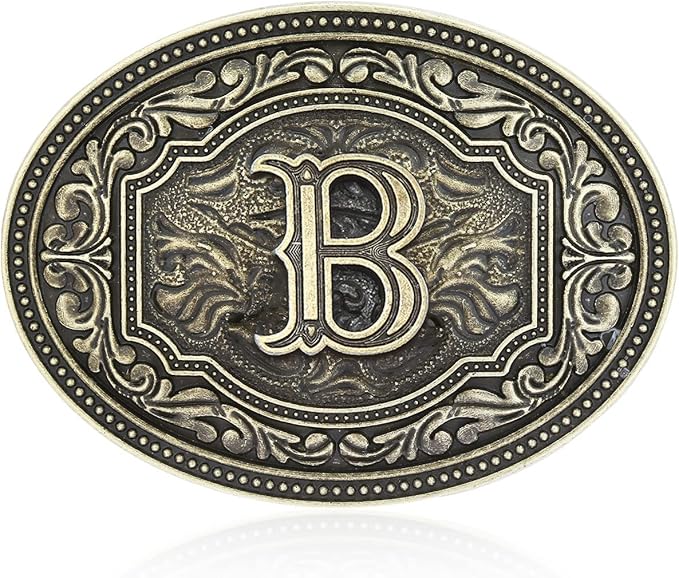 Hebilla de cinturón ovalada estilo western con actitud de camafeo en dos tonos y iniciales para hombre de Montana Silversmiths