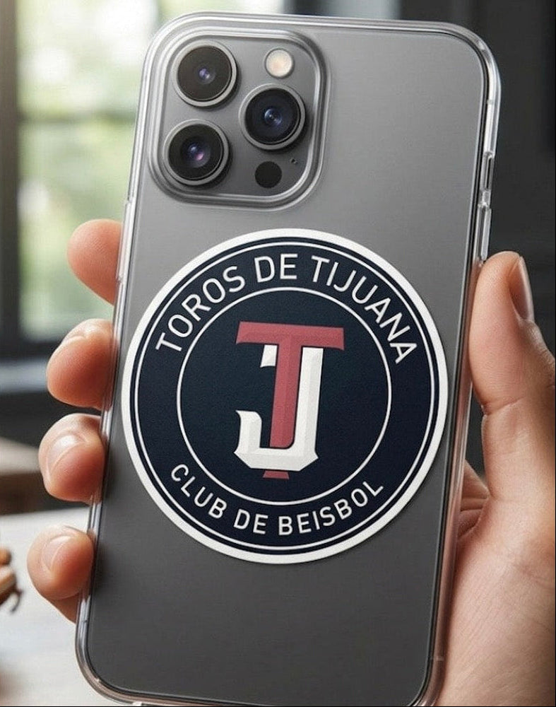 Phone case with 'Toros de Tijuana Club de Beisbol' logo held by a hand.