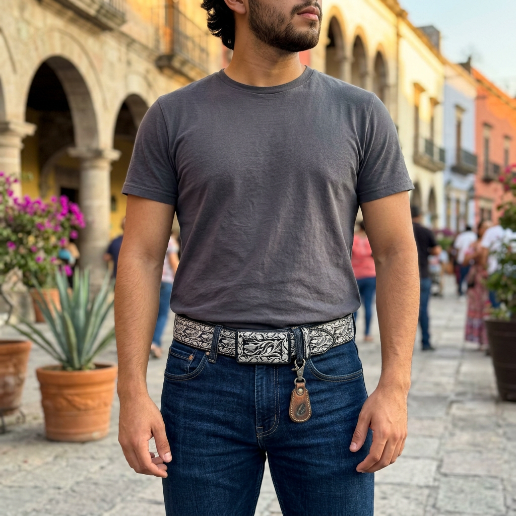 Cinturón occidental bordado en plata para hombre, Cinto Charro Bordado Plateado Cinto Vaquero
