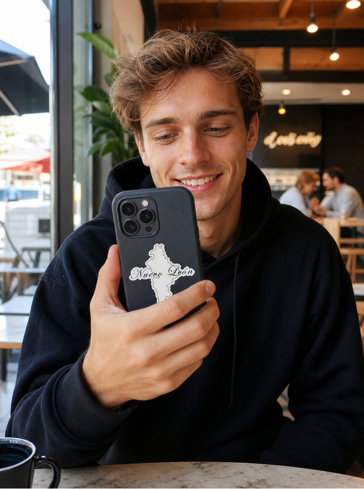 Man taking a selfie with a phone with Nuevo Leon sticker in a cafe