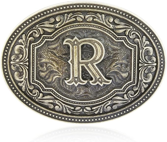 Hebilla de cinturón ovalada estilo western con actitud de camafeo en dos tonos y iniciales para hombre de Montana Silversmiths