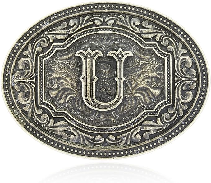 Hebilla de cinturón ovalada estilo western con actitud de camafeo en dos tonos y iniciales para hombre de Montana Silversmiths