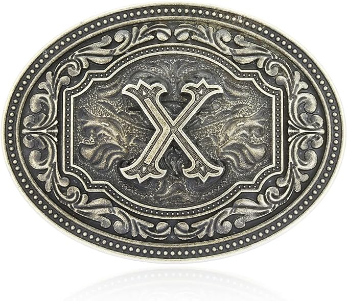 Hebilla de cinturón ovalada estilo western con actitud de camafeo en dos tonos y iniciales para hombre de Montana Silversmiths