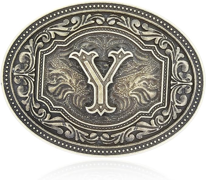 Hebilla de cinturón ovalada estilo western con actitud de camafeo en dos tonos y iniciales para hombre de Montana Silversmiths