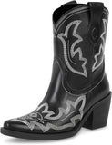 Wetkiss Women’s Western Cowboy Boots with Block Heel, Pull-On Tabs, and Classic Embroidery Design, 2, Black
