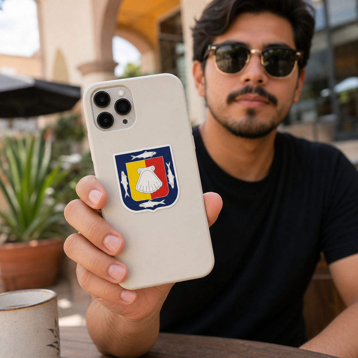 A man holding a smartphone with an Official coat of arms of Baja California Sur sticker applied to the back, photographed outdoors in a casual setting.