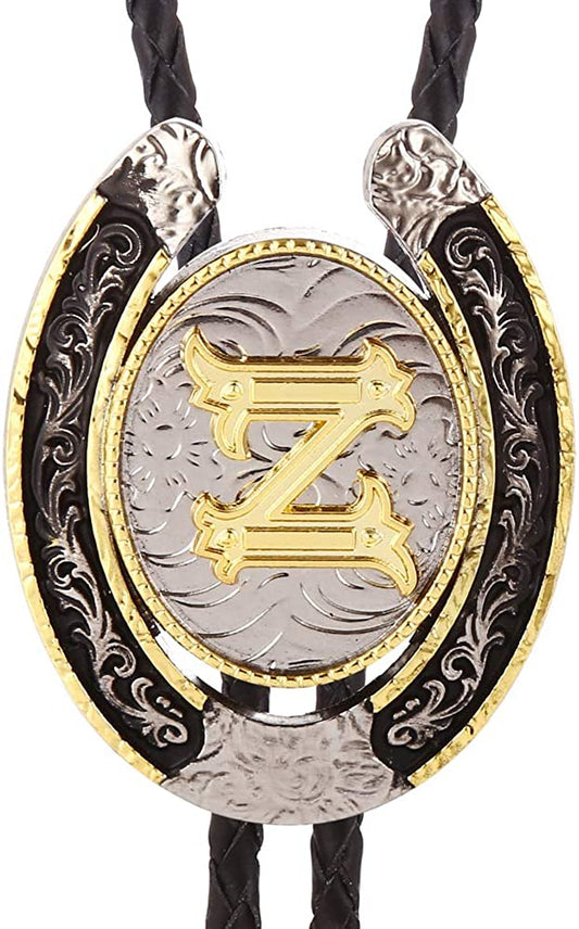 Western bolo tie with black braided cord and engraved oval pendant, gold letter Z center