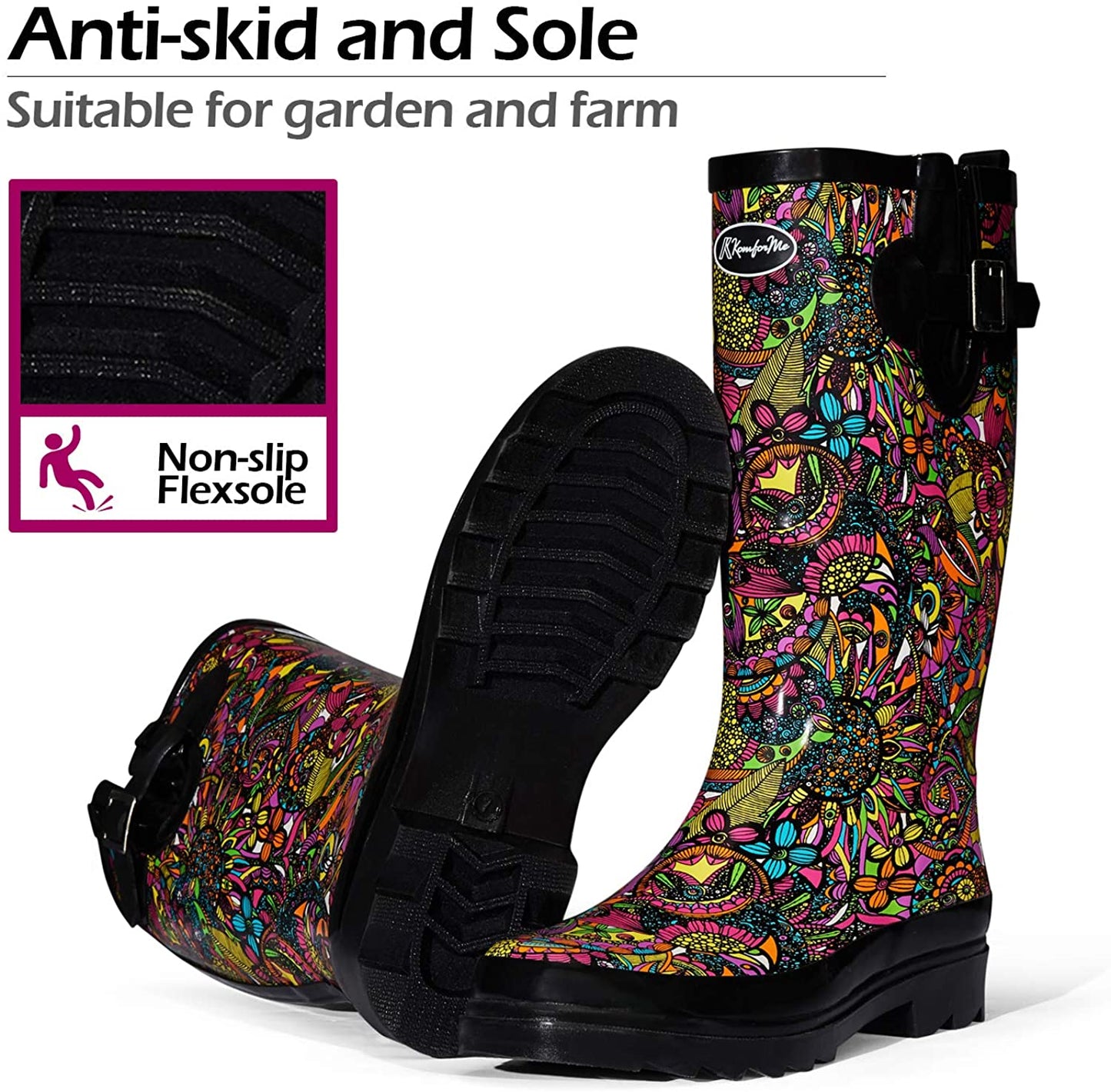 K Komforme Women Rain Boots With Non Slip Sole, Waterproof And Fashion Patterns , 10, Classic Black