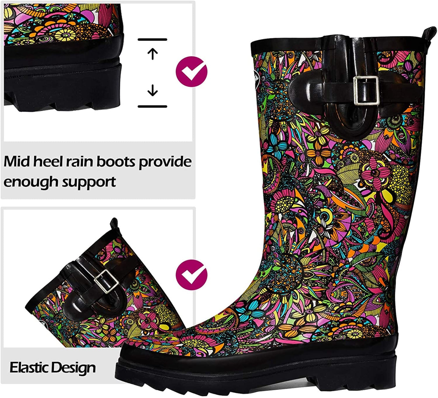 K Komforme Women Rain Boots With Non Slip Sole, Waterproof And Fashion Patterns , 10, Classic Black