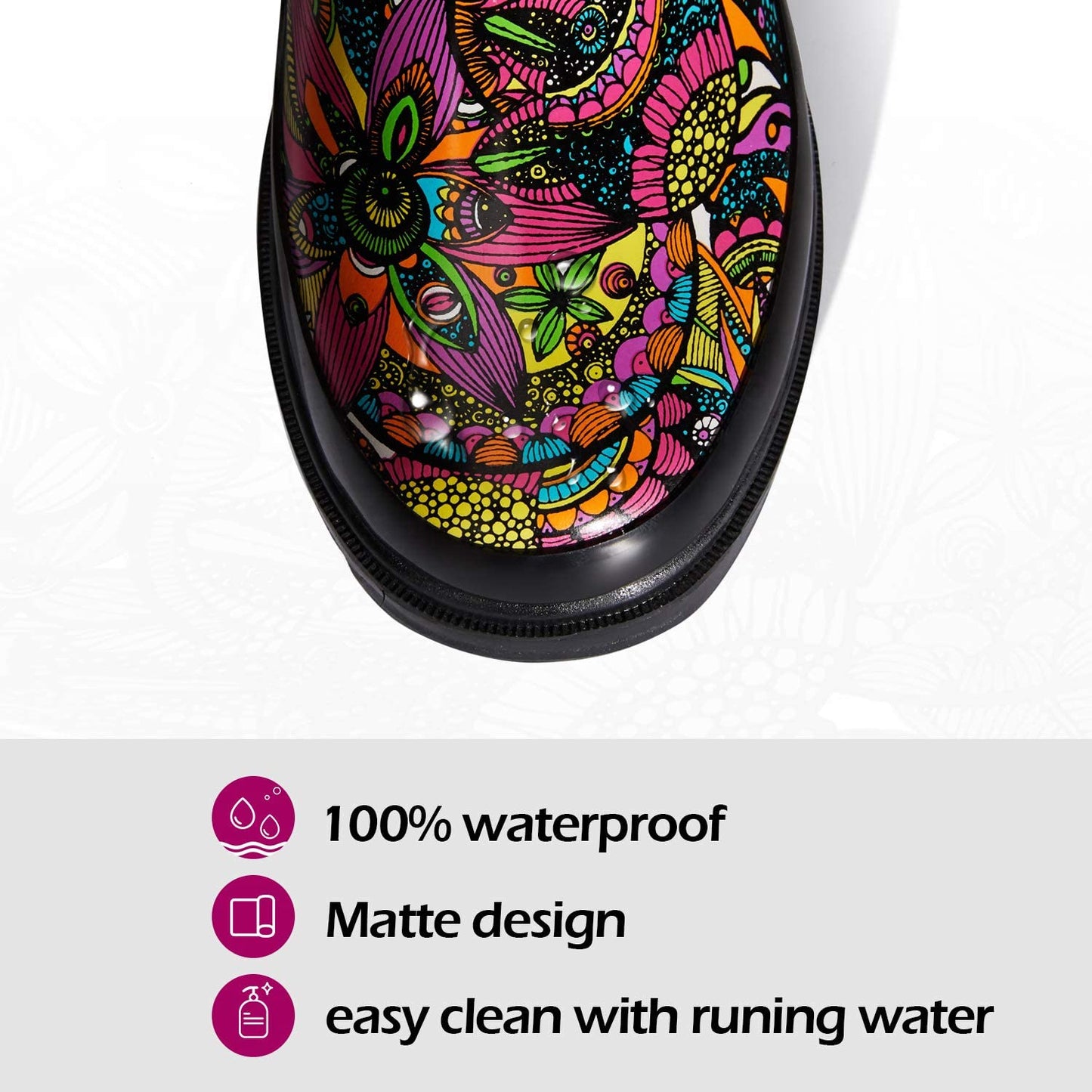K Komforme Women Rain Boots With Non Slip Sole, Waterproof And Fashion Patterns , 10, Classic Black