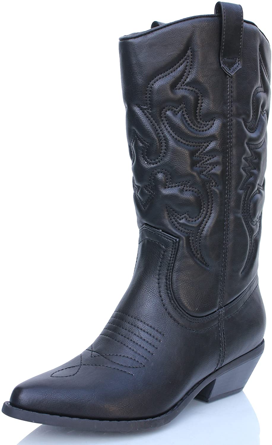 Soda Women's Red Reno Western Cowboy Pointed Toe Knee High Pull On Tabs Boots, 5.5, All white