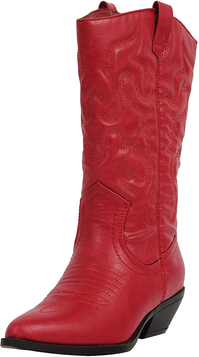 Soda Women's Red Reno Western Cowboy Pointed Toe Knee High Pull On Tabs Boots, 5.5, All white