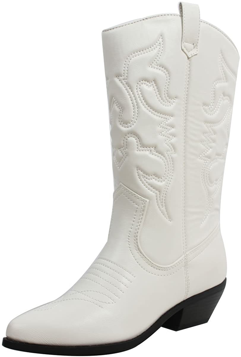 Soda Women's Red Reno Western Cowboy Pointed Toe Knee High Pull On Tabs Boots, 5.5, All white