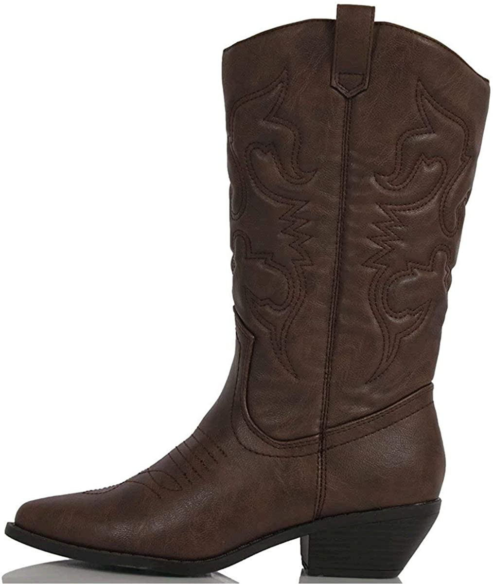 Soda Women's Red Reno Western Cowboy Pointed Toe Knee High Pull On Tabs Boots, 5.5, All white