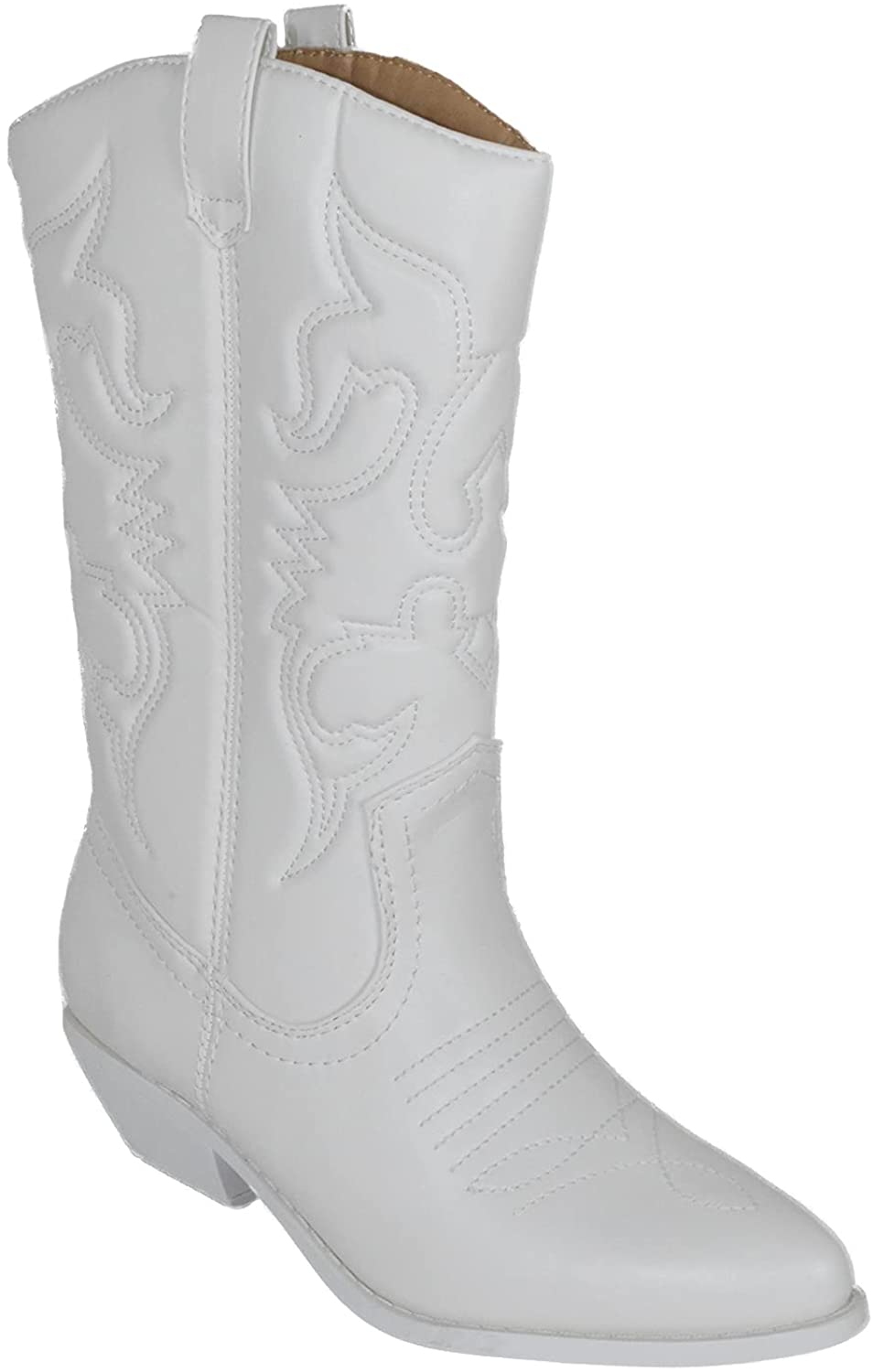 Soda Women's Red Reno Western Cowboy Pointed Toe Knee High Pull On Tabs Boots, 5.5, All white