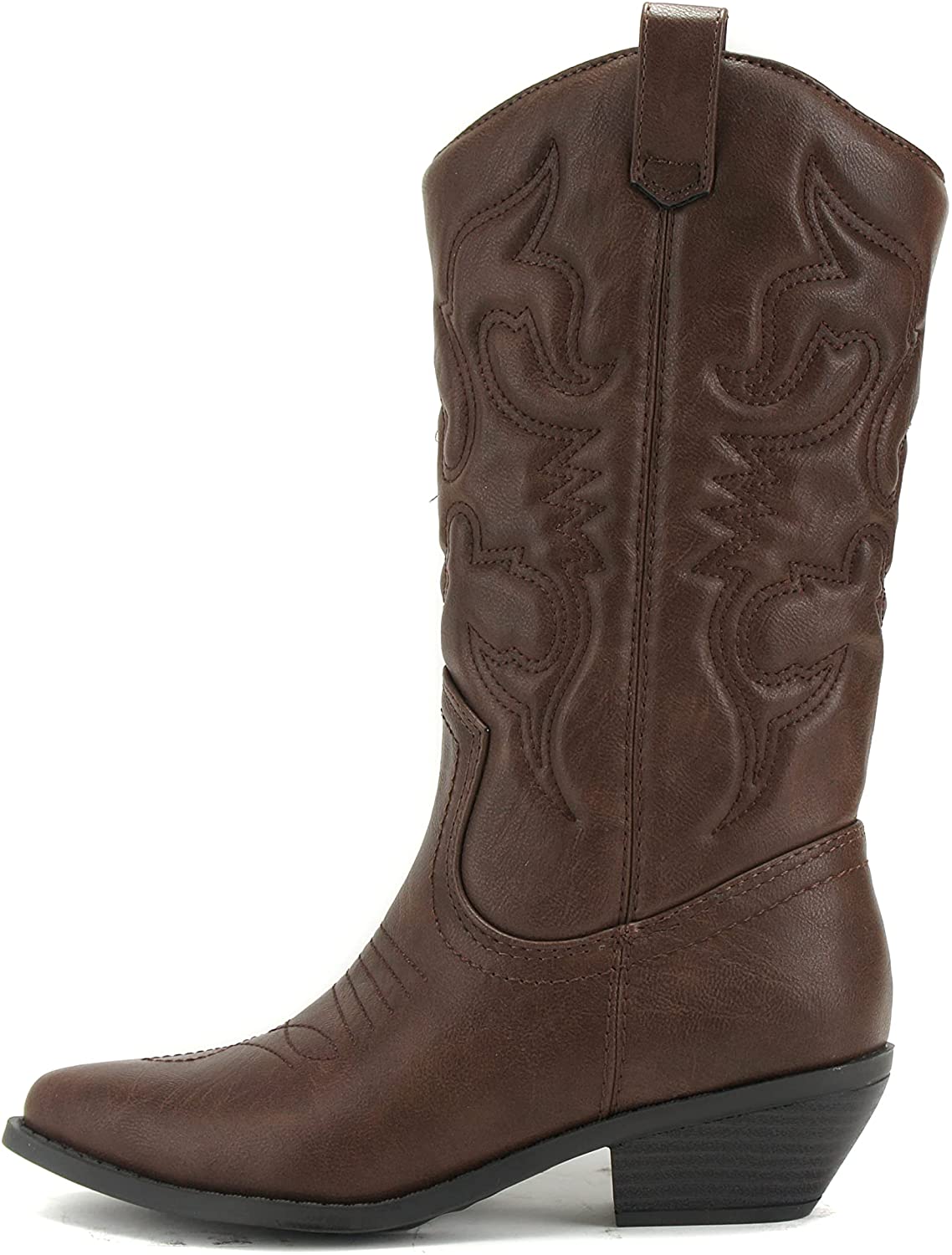 Soda Women's Red Reno Western Cowboy Pointed Toe Knee High Pull On Tabs Boots, 5.5, All white