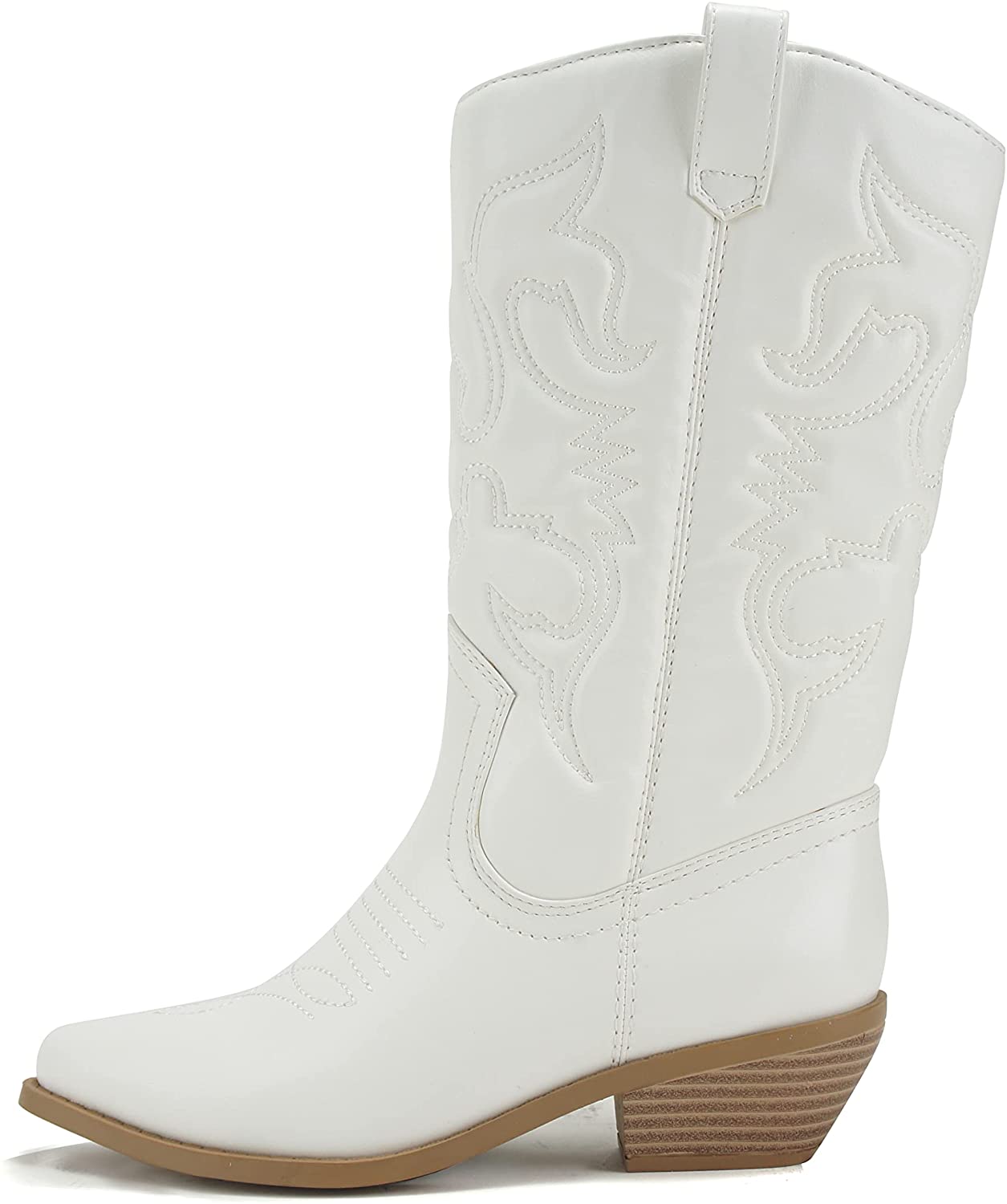 Soda Women's Red Reno Western Cowboy Pointed Toe Knee High Pull On Tabs Boots, 5.5, All white