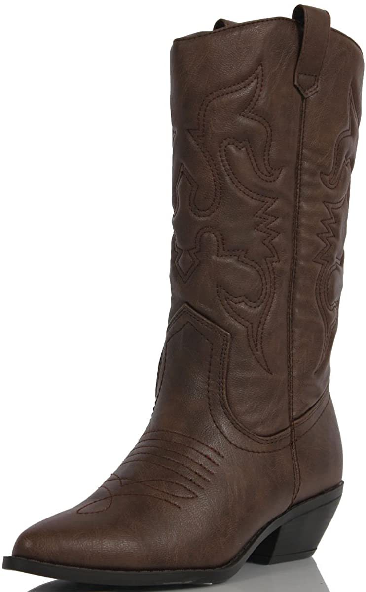 Soda Women's Red Reno Western Cowboy Pointed Toe Knee High Pull On Tabs Boots, 5.5, All white