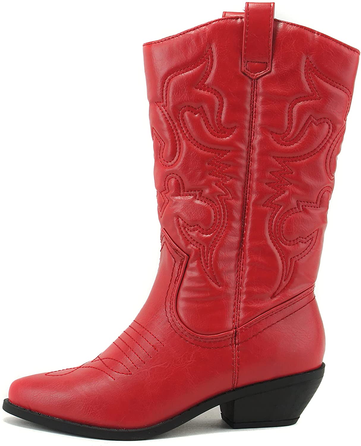 Soda Women's Red Reno Western Cowboy Pointed Toe Knee High Pull On Tabs Boots, 5.5, All white