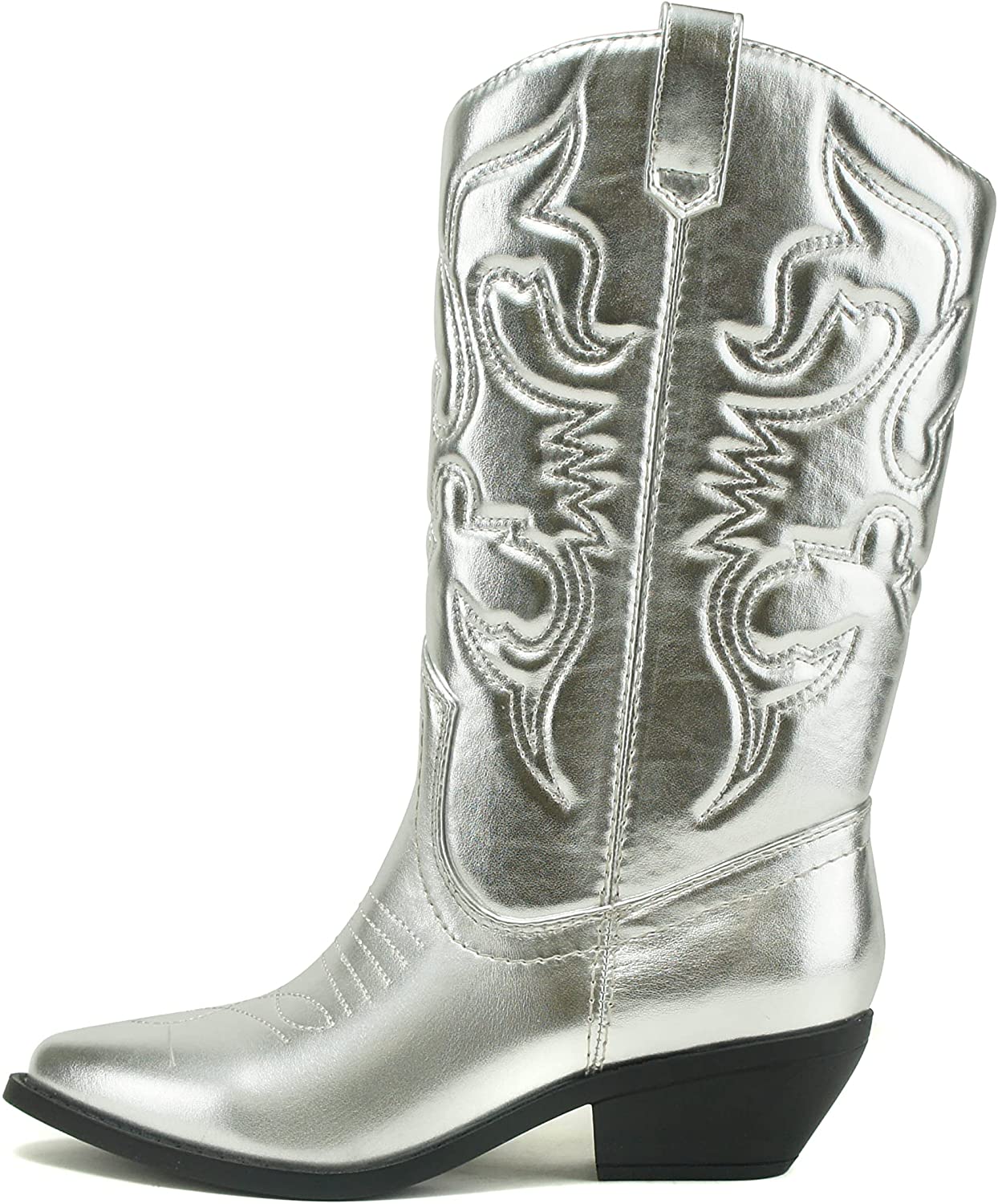 Soda Women's Red Reno Western Cowboy Pointed Toe Knee High Pull On Tabs Boots, 5.5, All white