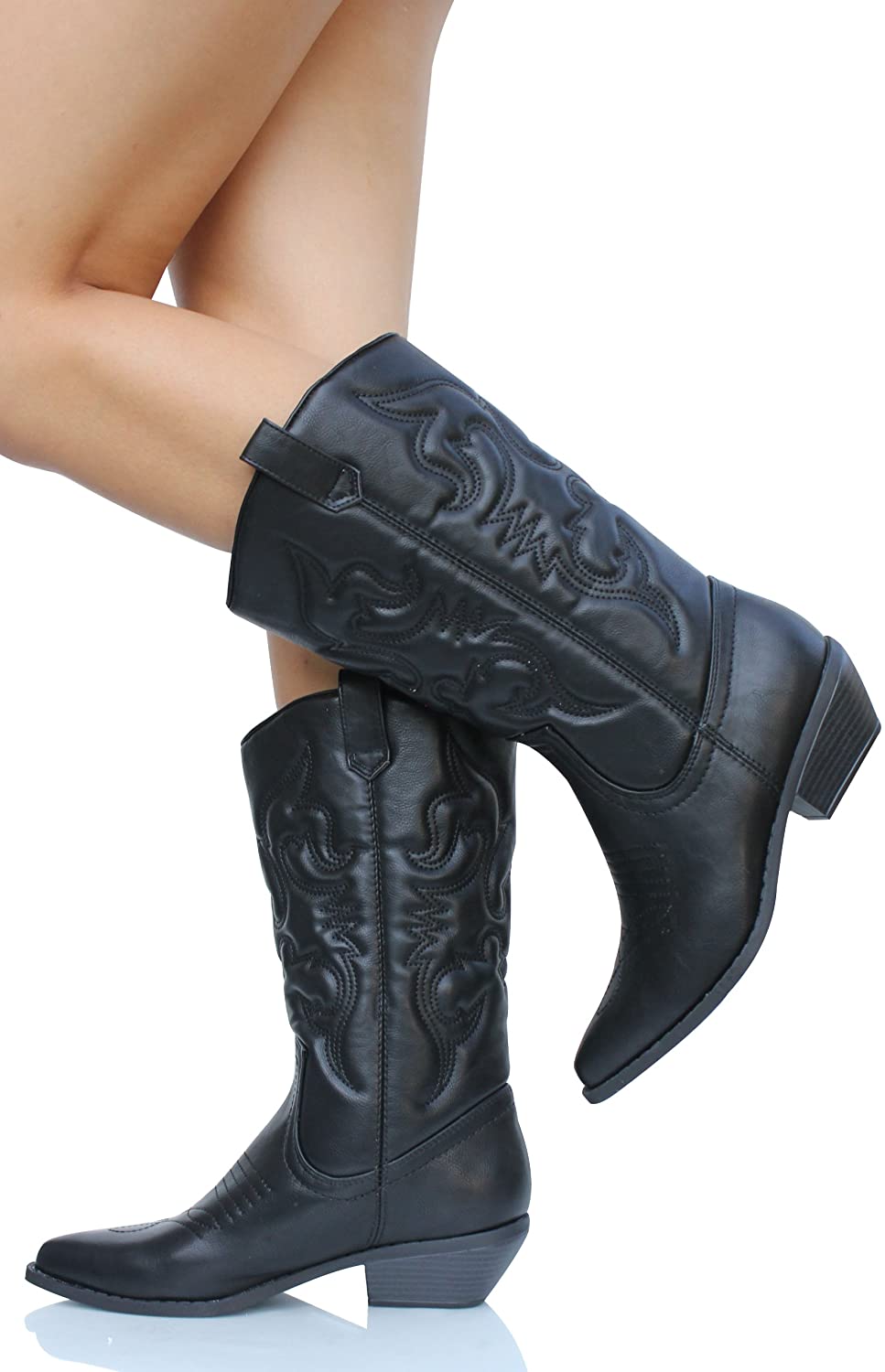 Soda Women's Red Reno Western Cowboy Pointed Toe Knee High Pull On Tabs Boots, 5.5, All white