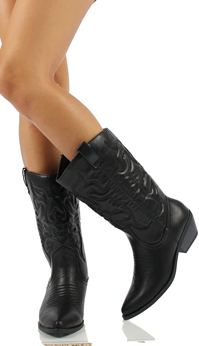 Soda Women's Red Reno Western Cowboy Pointed Toe Knee High Pull On Tabs Boots, 5.5, All white