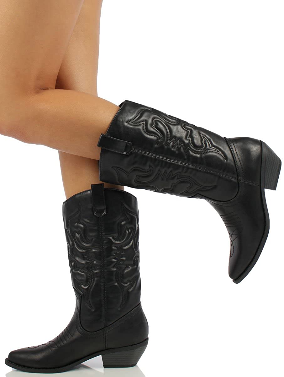 Soda Women's Red Reno Western Cowboy Pointed Toe Knee High Pull On Tabs Boots, 5.5, All white