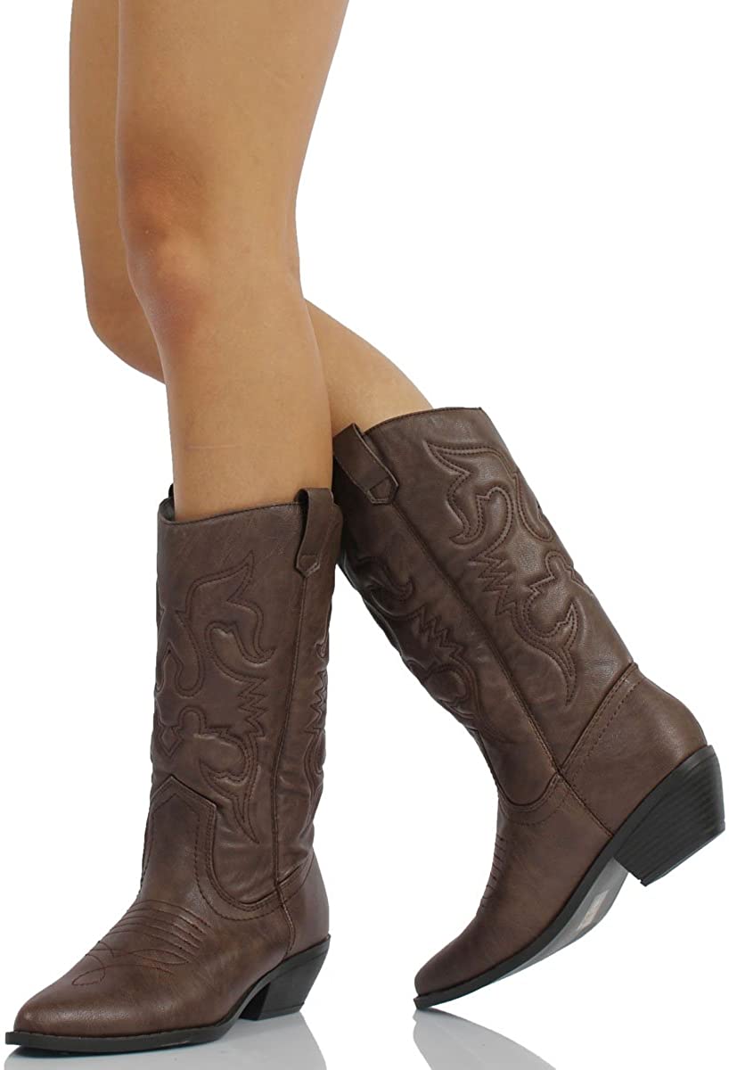 Soda Womens Reno S Leatherette Two Tone Embroidered Pointy Toe Cowboy Western Boot,Dark Tan,5.5, 7, Brown
