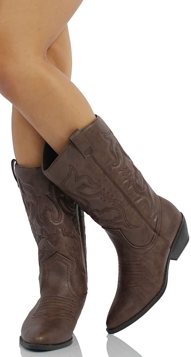 Soda Womens Reno S Leatherette Two Tone Embroidered Pointy Toe Cowboy Western Boot,Dark Tan,5.5, 7, Brown