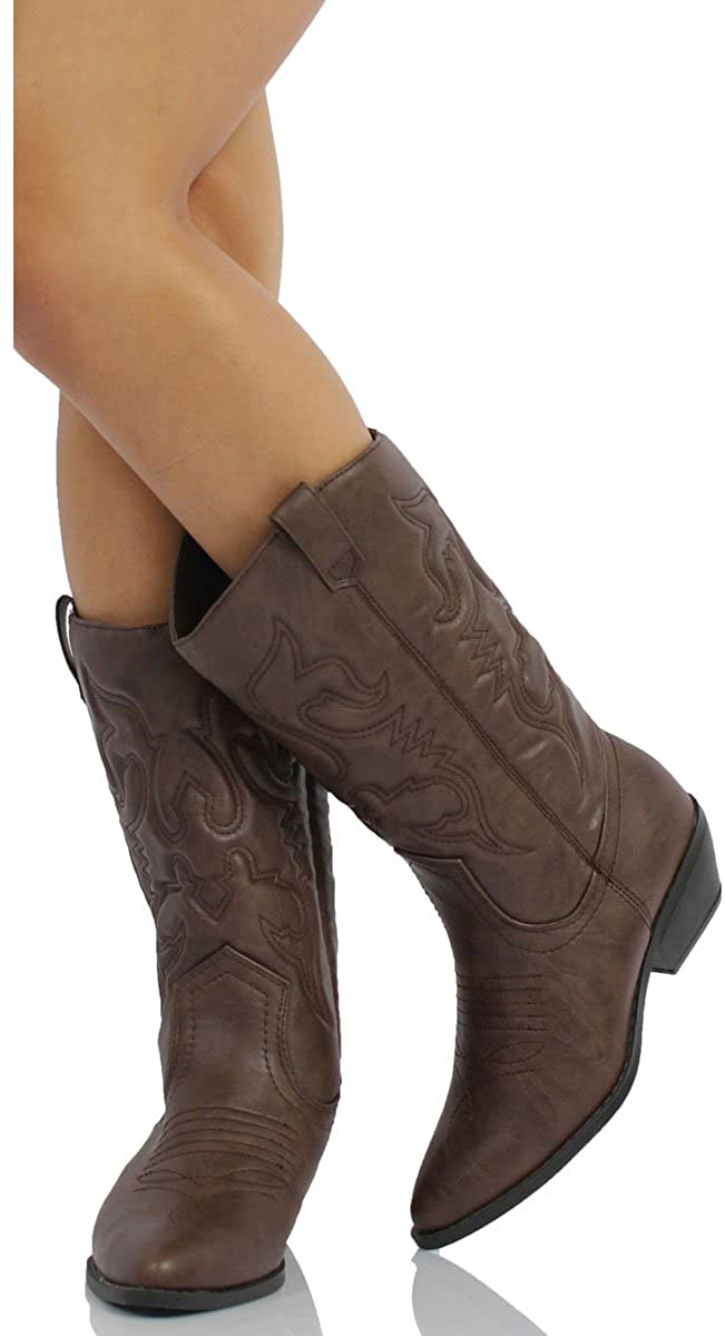 Soda Womens Reno S Leatherette Two Tone Embroidered Pointy Toe Cowboy Western Boot,Dark Tan,5.5, 7, Brown