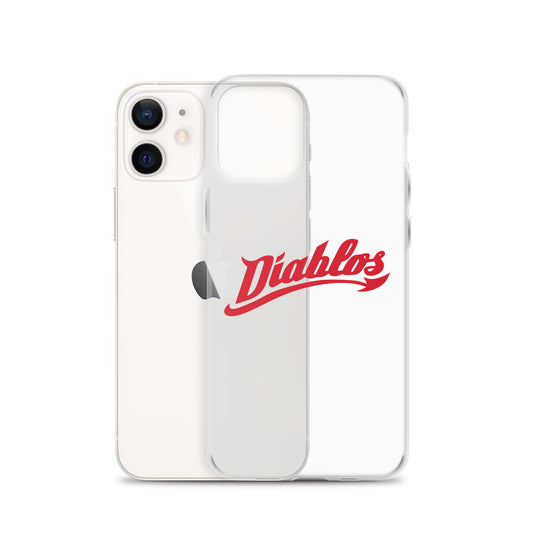 An iPhone case featuring the name 'Diablos' in red script across the back, with the phone's camera and buttons visible.