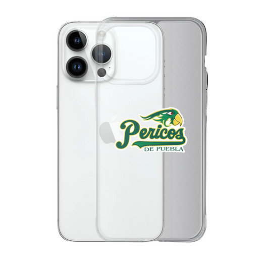 An iPhone case featuring the logo of Pericos de Puebla on the back, on a clear case.