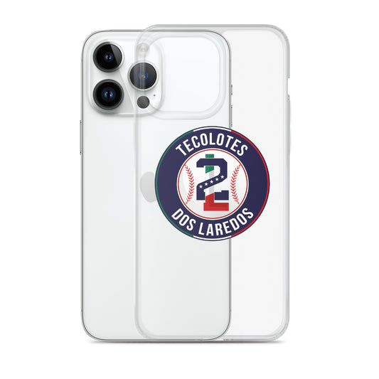 A clear iPhone case with a logo of Tecolotes Dos Laredos on the back, featuring a solid polycarbonate back and flexible sides.