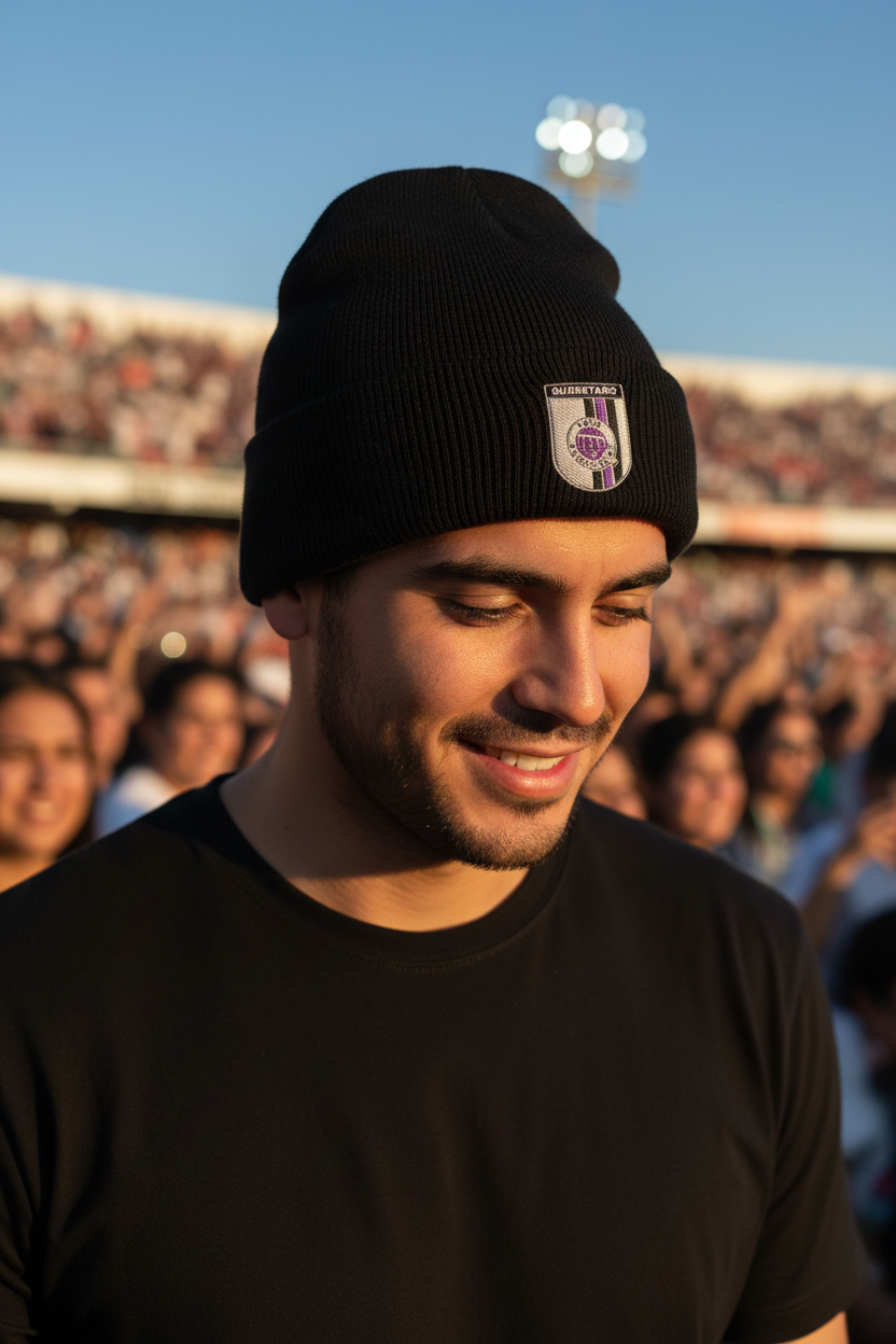 A man wearing a black knit beanie with a Queretaro crest patch on the front, photographed in a stadium crowd at sunset.