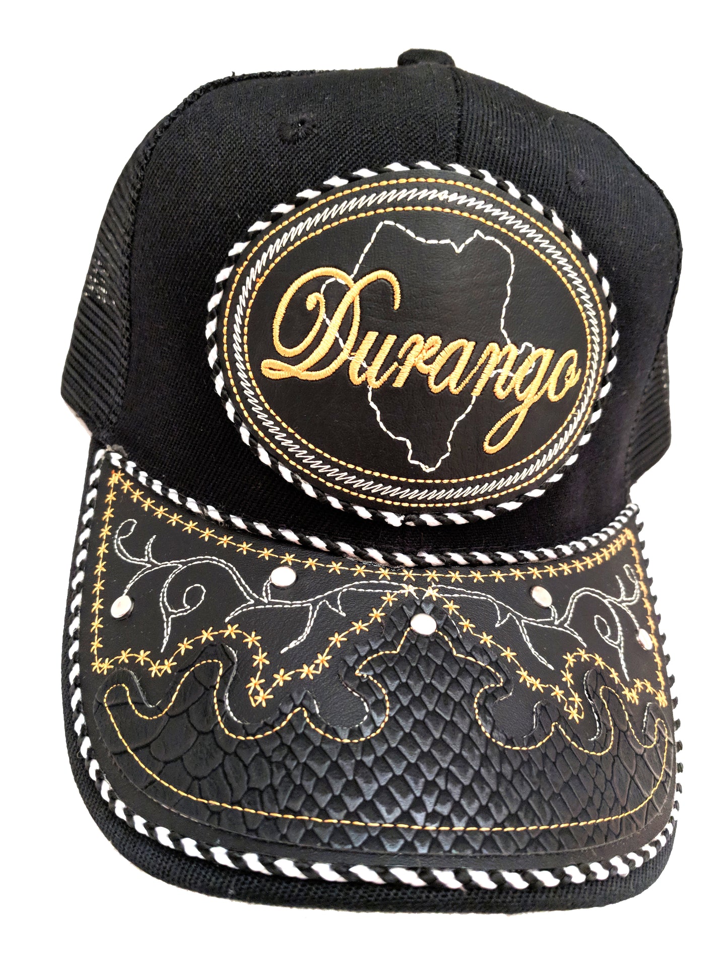 Gorra de Durango, ajustable unisex, estilo charro, poliéster/acrílico, diseño de piel de serpiente bordada en color negro
