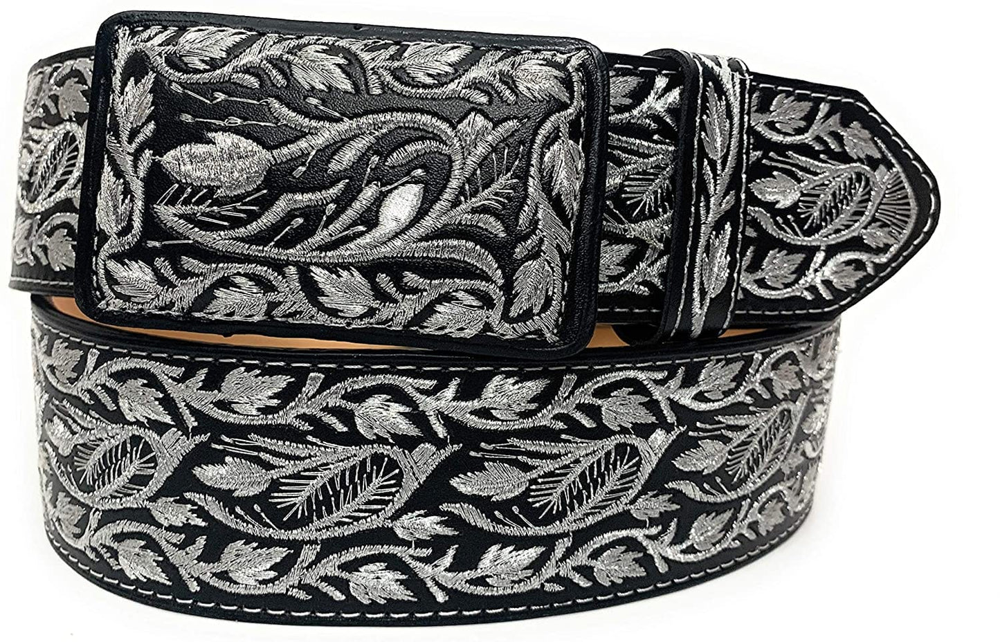 Cinturón occidental bordado en plata para hombre, Cinto Charro Bordado Plateado Cinto Vaquero