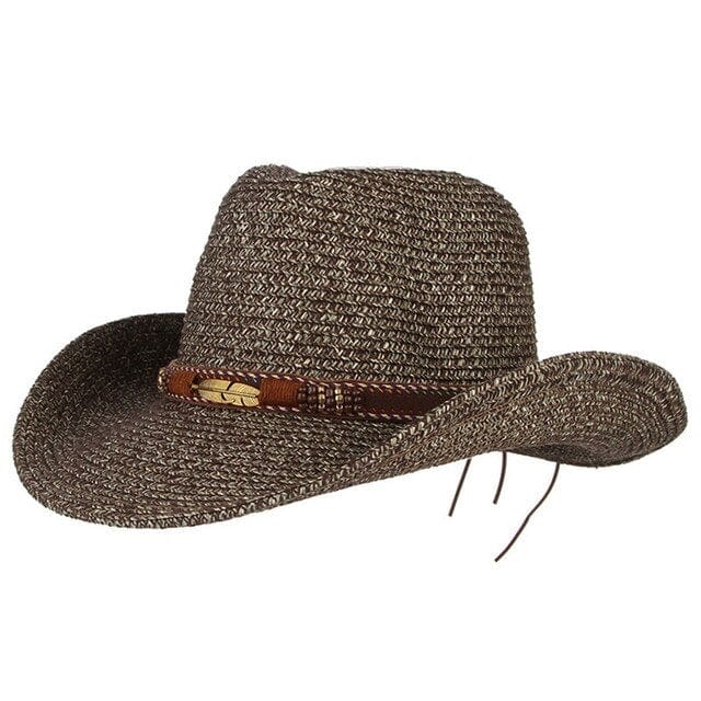 GEMVIE Western Cowboy Sun Hat - Straw Summer Hat for Men & Women with Feather Beads, Khaki, 56-58cm