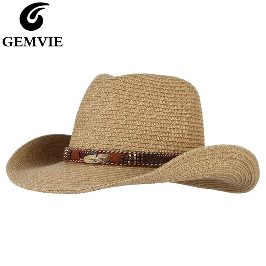 GEMVIE Western Cowboy Sun Hat - Straw Summer Hat for Men & Women with Feather Beads, Khaki, 56-58cm