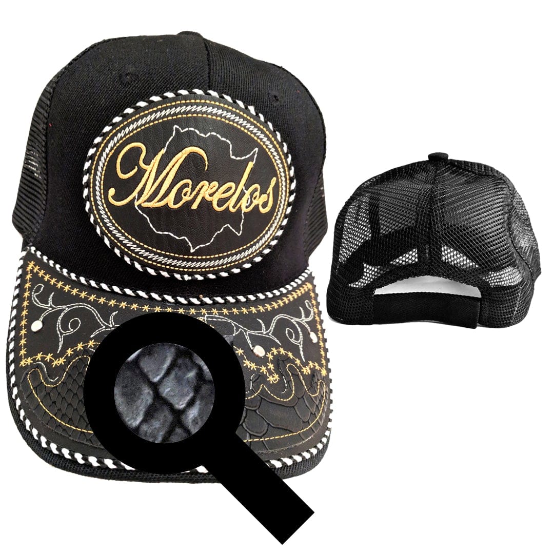 Morelos Hat, Adjustable Unisex, Charro Style, Polyester/Acrylic, Embroidered Snake Skin Design in Black