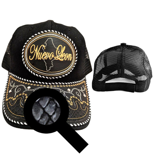 Nuevo Leon Hat, Adjustable Unisex, Charro Style, Polyester/Acrylic, Embroidered Snake Skin Design in Black