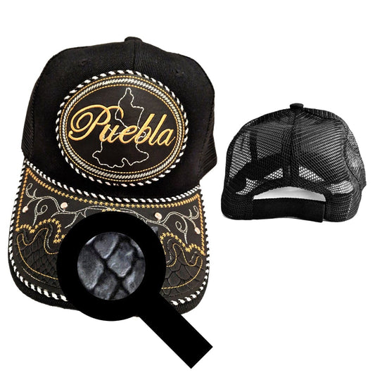Puebla Hat, Adjustable Unisex, Charro Style, Polyester/Acrylic, Embroidered Snake Skin Design in Black