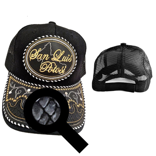San Luis Potosi Hat, Adjustable Unisex, Charro Style, Polyester/Acrylic, Embroidered Snake Skin Design in Black