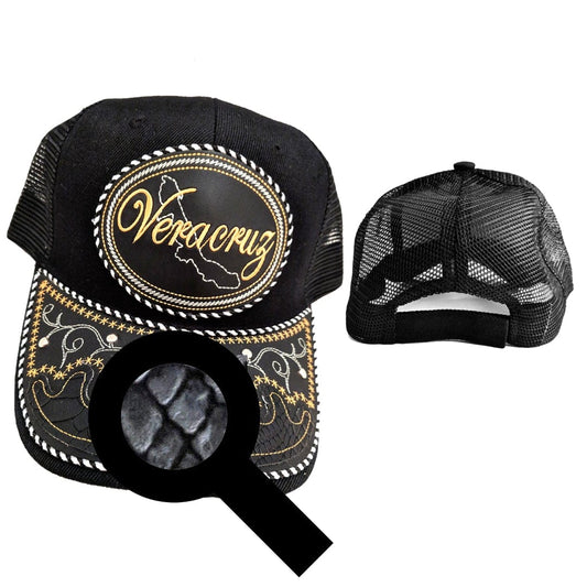 Veracruz Hat, Adjustable Unisex, Charro Style, Polyester/Acrylic, Embroidered Snake Skin Design in Black