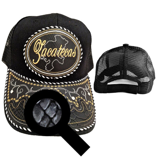 Zacatecas Hat, Adjustable Unisex, Charro Style, Polyester/Acrylic, Embroidered Snake Skin Design in Black