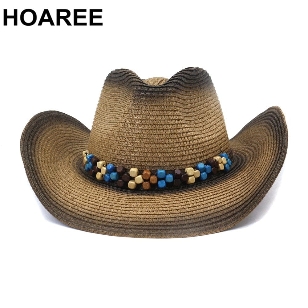 HOAREE Cowboy Men's Sun Hat Wide Brim Fedora Hat Cowgirl Beach Straw Hat for Men UV Protection Cap Chapeau Femme, Khaki Khaki, One Size